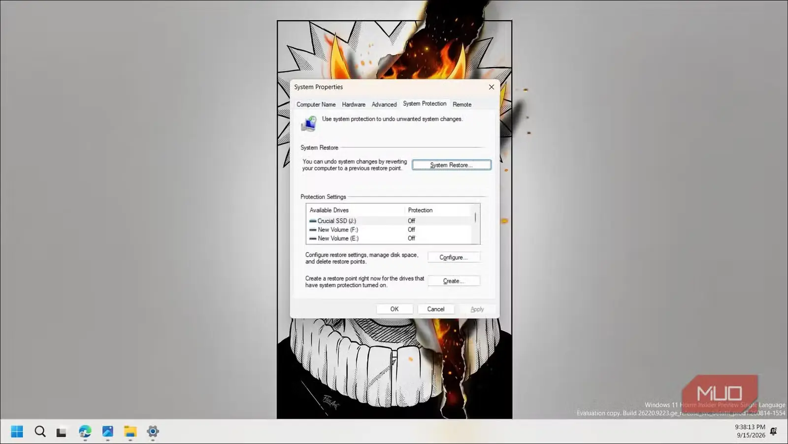 زبانه محافظت از سیستم در ویژگیهای Windows همراه با گزینههای نقطه بازیابی
