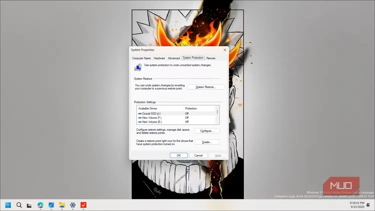 پنجره تنظیمات محافظت از سیستم در ویژگیهای Windows