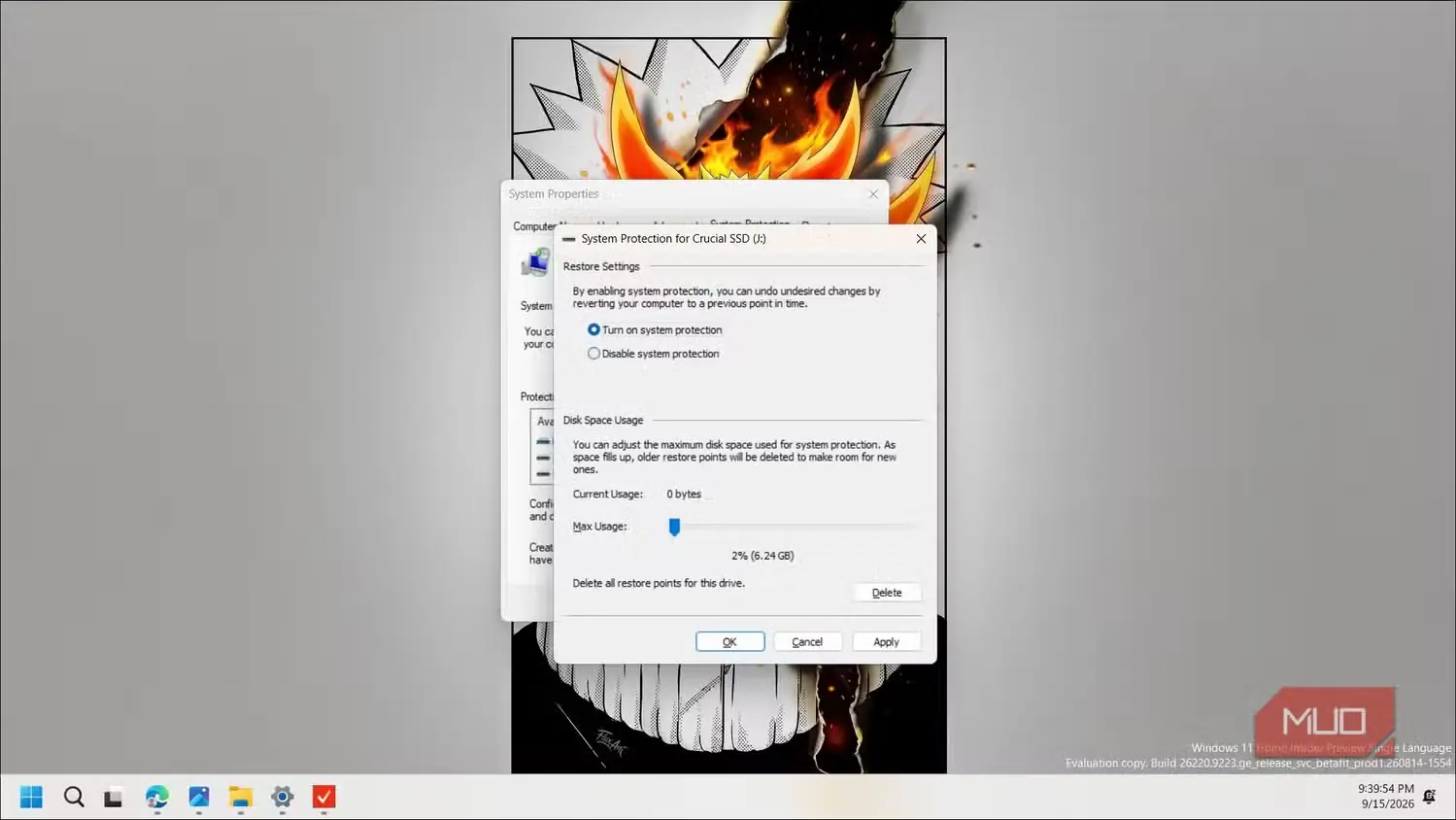 پنجره تنظیم فضای دیسک Crucial SSD برای محافظت از سیستم در Windows 11