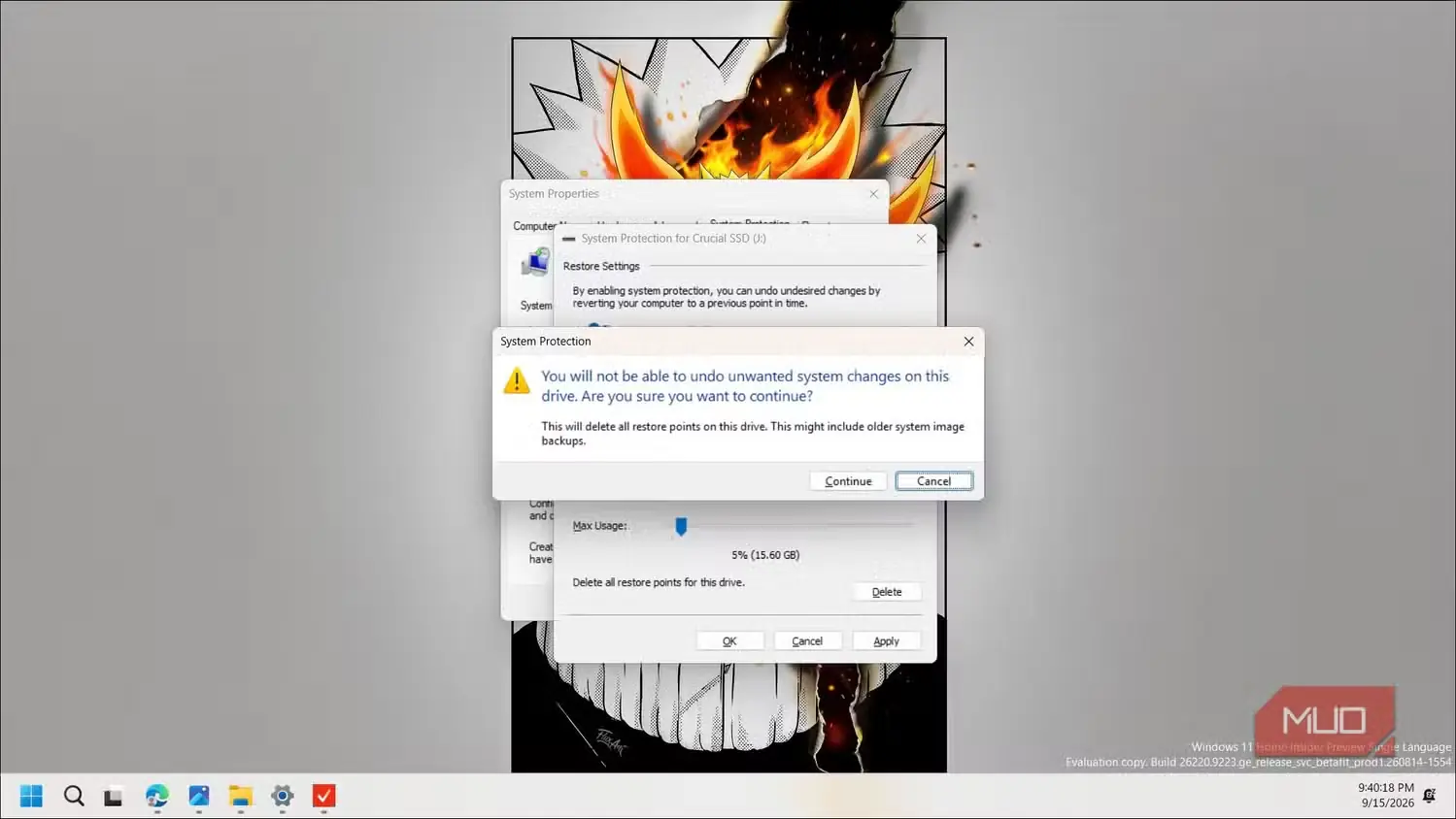 پنجره هشدار محافظت از سیستم Windows برای حذف نقاط بازیابی