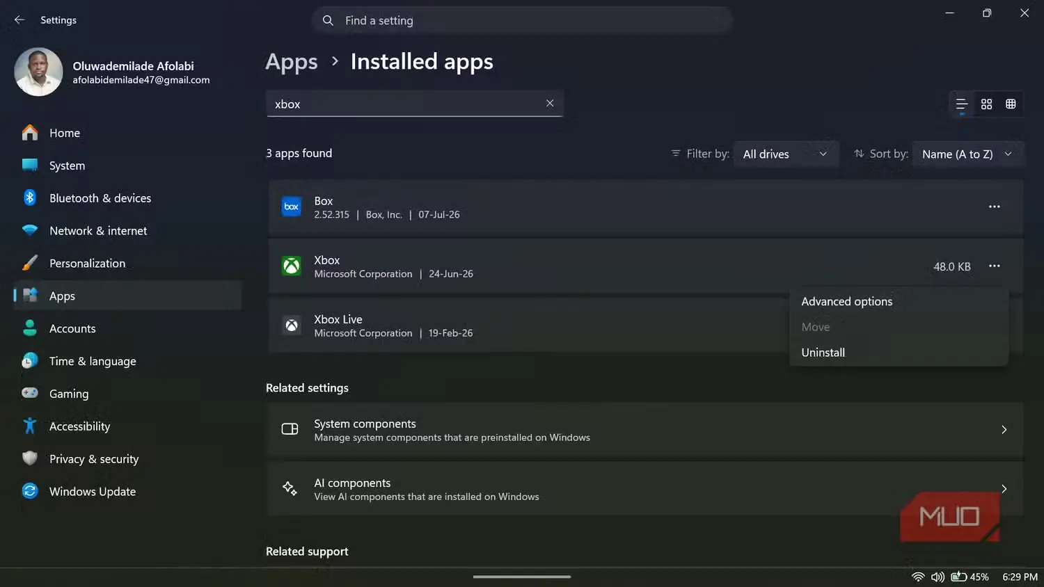 حذف برنامه Xbox از تنظیمات Windows