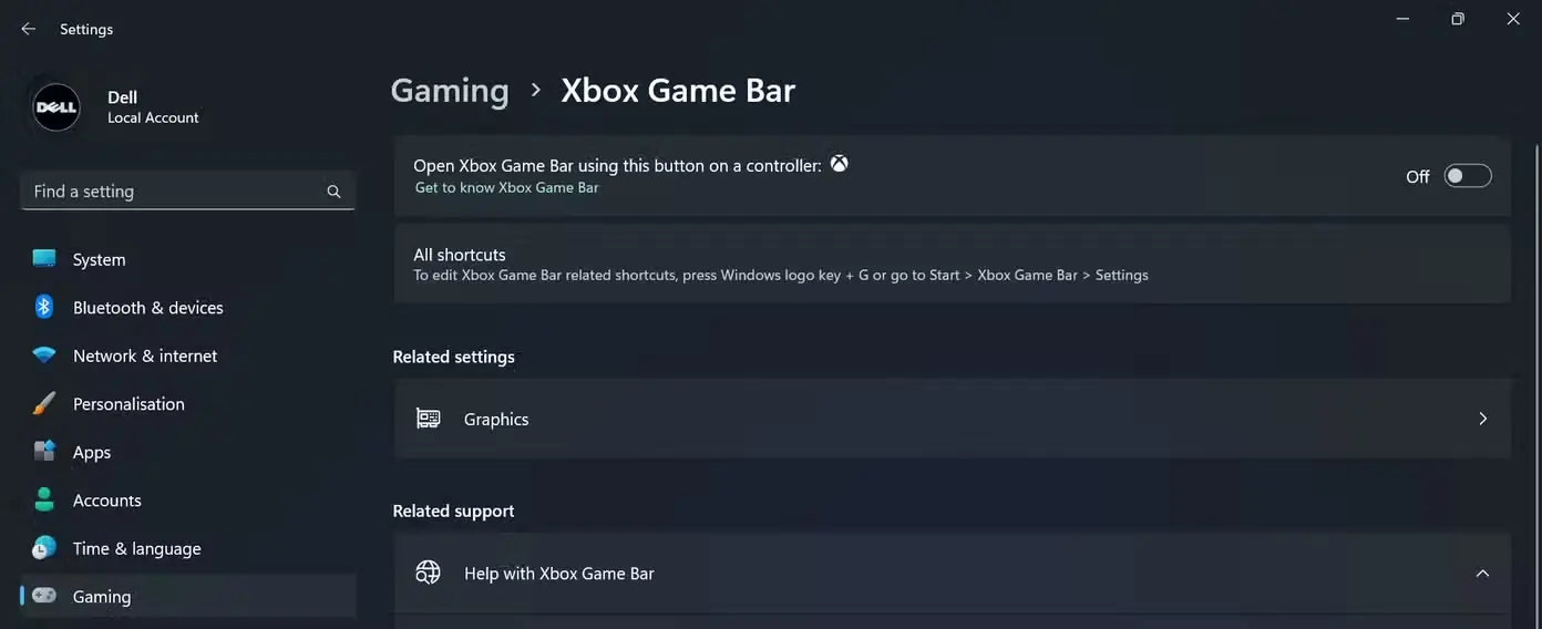 غیرفعال کردن گزینه Xbox Game Bar در زبانه بازیِ برنامه تنظیمات Windows