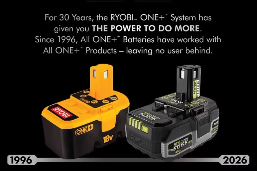 باتریهای نیکلکادمیومی و لیتیومی Ryobi در کنار یکدیگر، از ۱۹۹۶ تا ۲۰۲۶