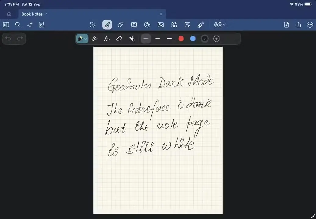 حالت تاریک Goodnotes با رابط تیره و صفحه یادداشت سفید