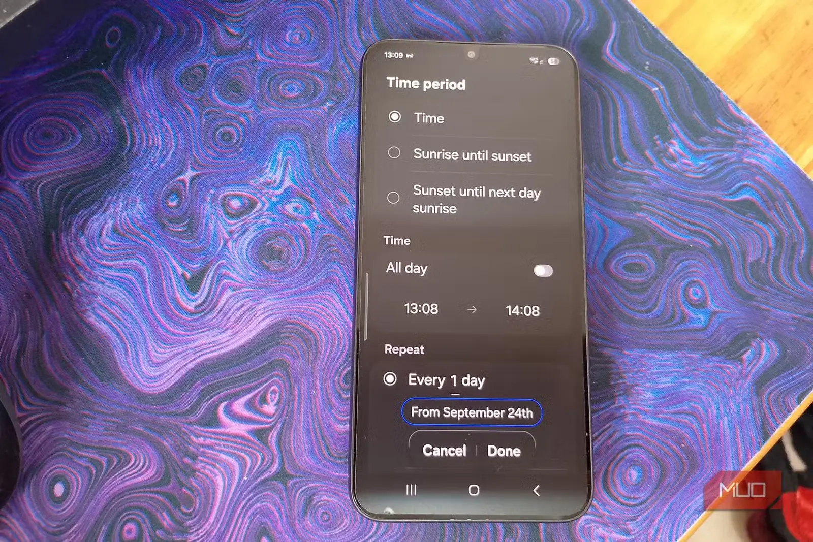 تنظیمات بازه زمانی در Samsung Galaxy با گزینههای طلوع، غروب، تمامروز و سفارشی