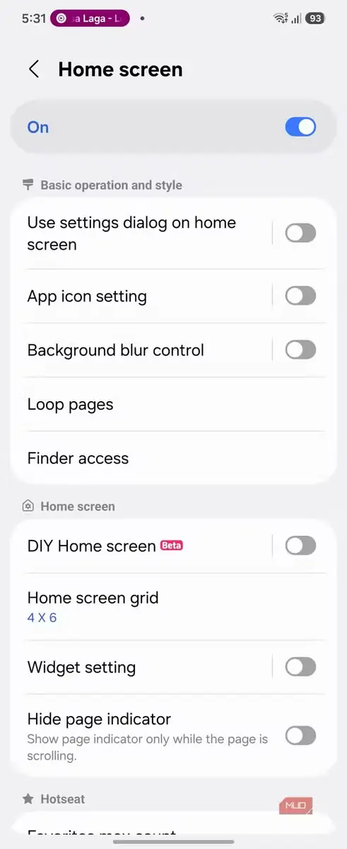 رابط تنظیمات ماژول Home Up در Good Lock همراه با کلیدهای روشن و خاموش