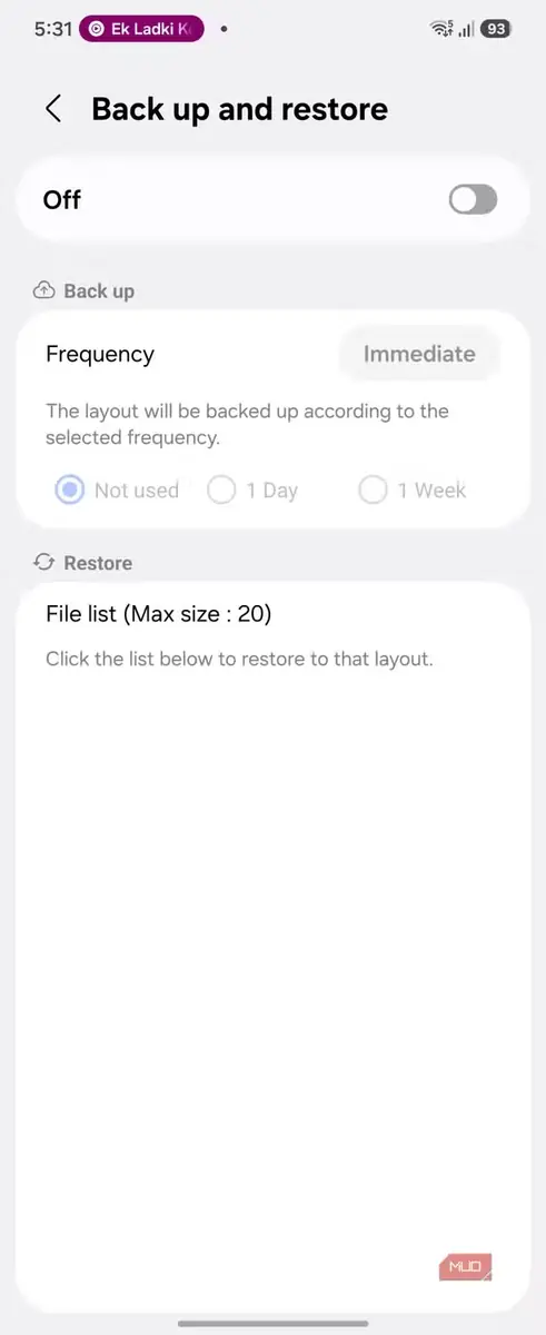 صفحهٔ تنظیمات پشتیبانگیری و بازیابی ماژول Home Up در Good Lock