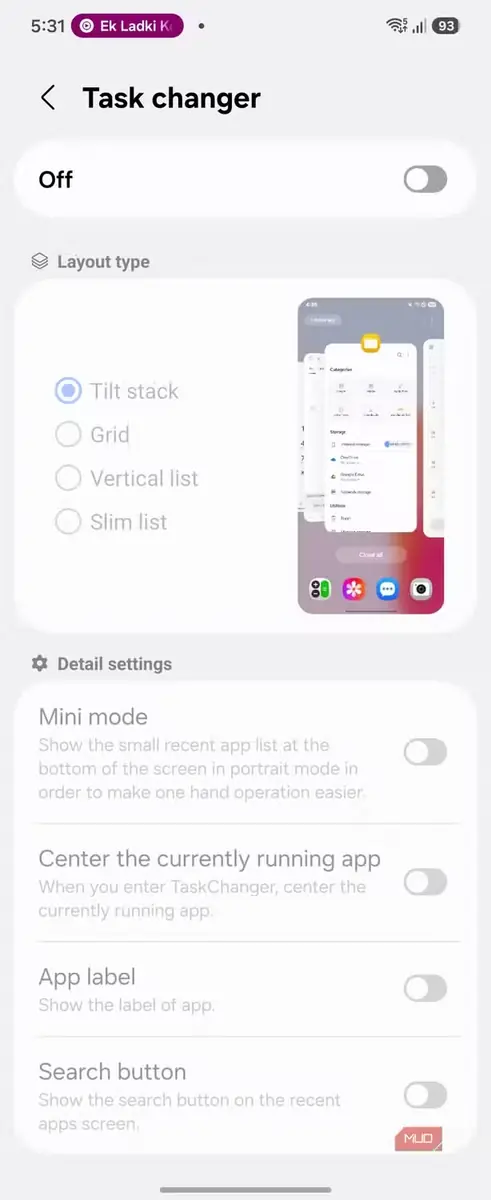 تنظیمات نوع چینش Task Changer در Good Lock با گزینهٔ پشتهٔ مایل