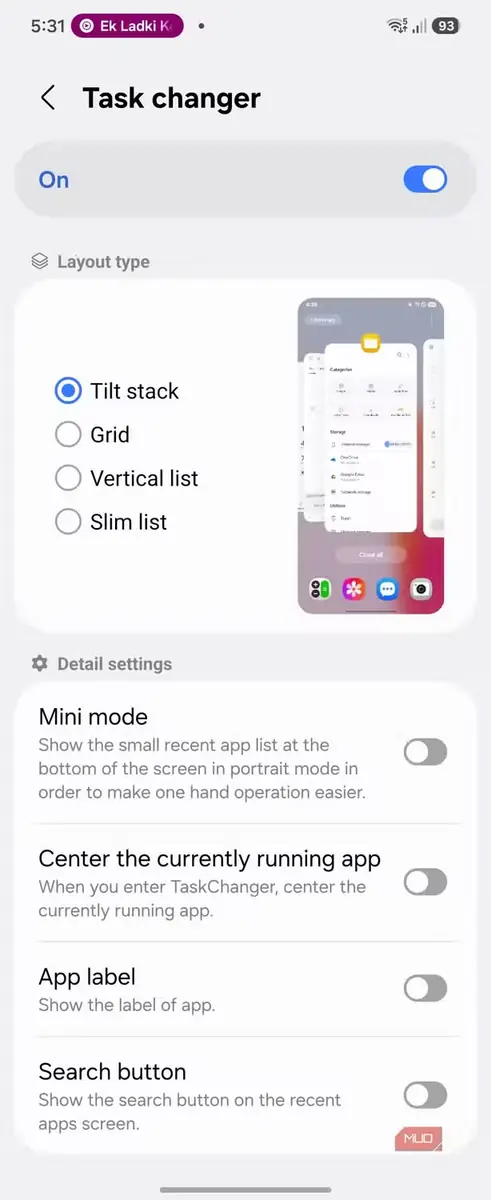 تنظیمات نوع چیدمان تعویض برنامهها در Good Lock، شامل حالتهای مایل، پشتهای، شبکهای، فهرست عمودی و فهرست باریک