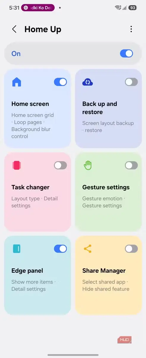 رابط تنظیمات ماژول Home Up در Good Lock همراه با کارتهای قابلیتها