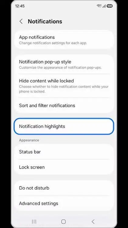فهرست اعلانهای Samsung با گزینهٔ برجستهٔ نکات مهم اعلانها