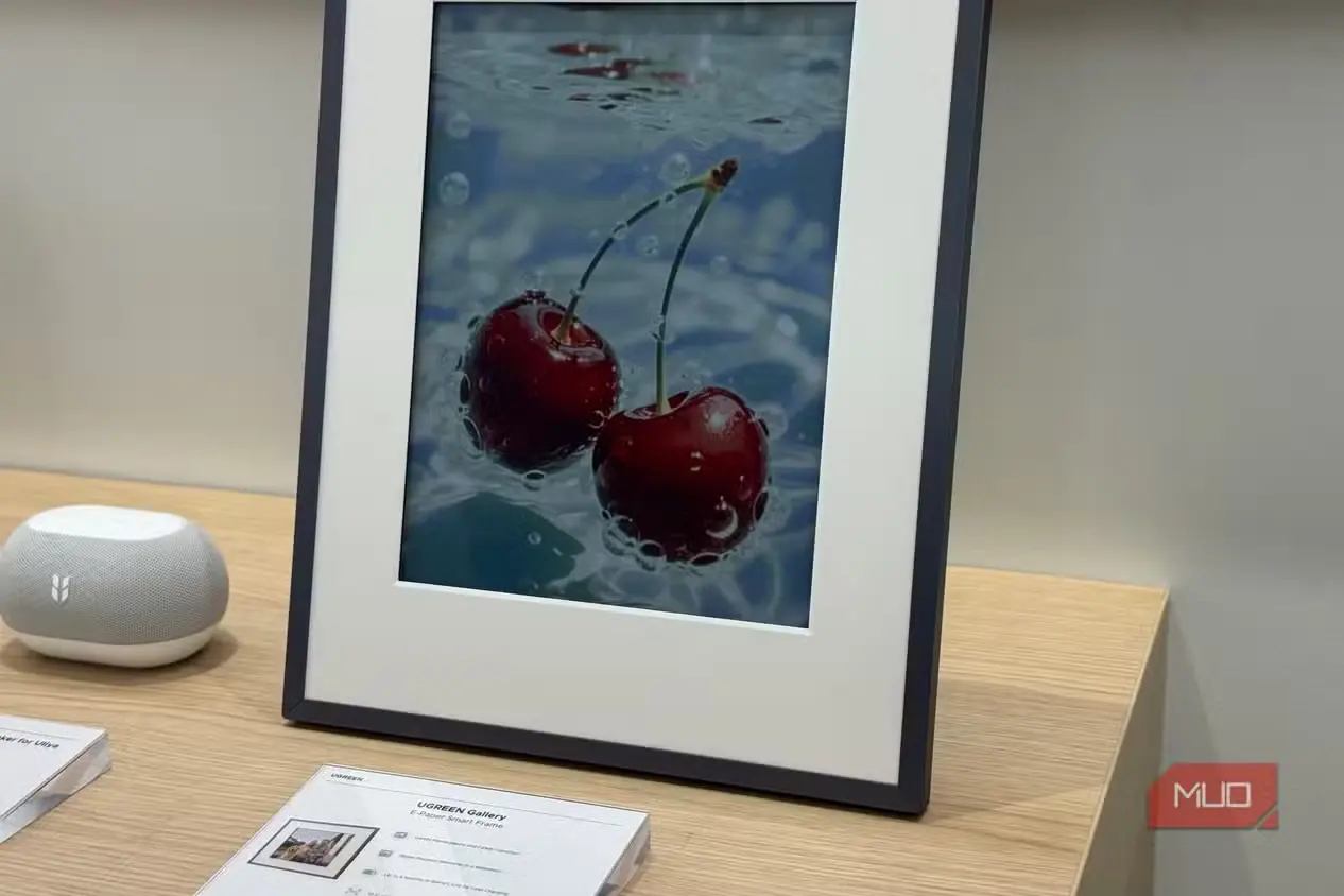 نمای نزدیک قاب UGREEN Gallery با تصویر گیلاسها و بلندگویی در کنار آن