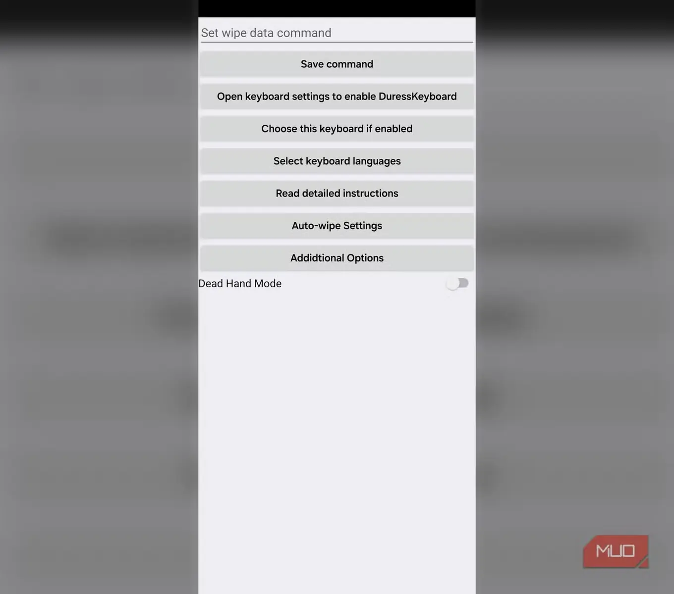 صفحهٔ اصلی DuressKeyboard با کادر فرمان پاکسازی دادهها و گزینههای مربوط