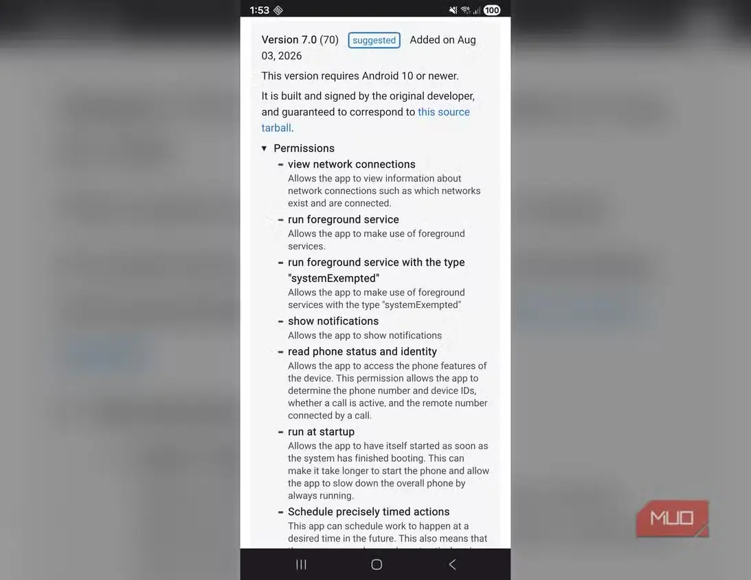 صفحهٔ DuressKeyboard 7.0 در F-Droid همراه با نیازمندی نسخهٔ Android