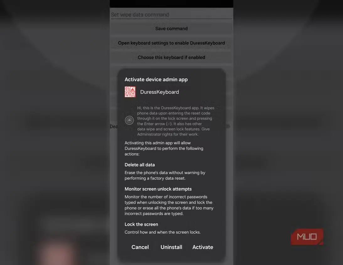 هشدار «مدیر دستگاه» دربارهٔ توانایی DuressKeyboard برای پاک کردن همهٔ دادههای گوشی بدون تأیید