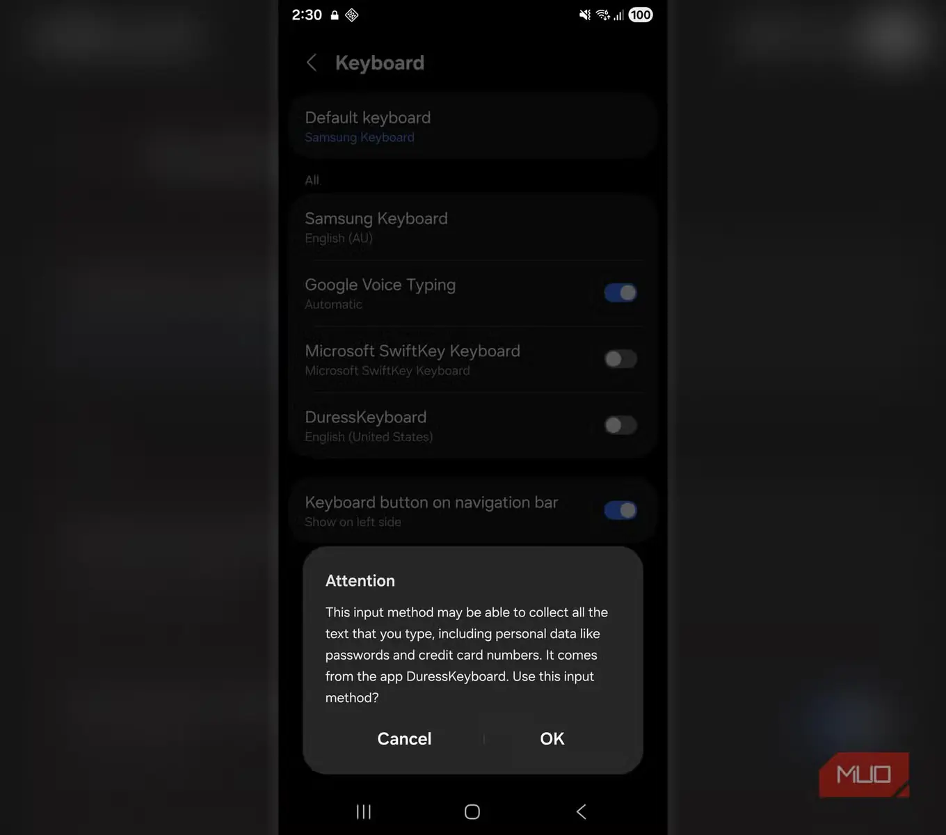 هشدار Android دربارهٔ احتمال گردآوری همهٔ نوشتههای تایپشده با صفحهکلید DuressKeyboard