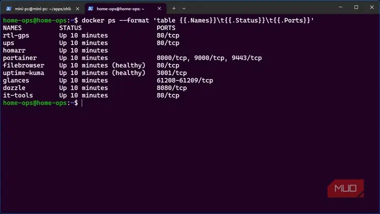 نمای Docker از ۹ سرویس آزمایشگاه خانگی و درگاههای LAN آنها روی سرور Home Ops، پیش از راهاندازی پایش n8n