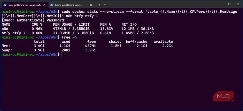 آمار Docker و حافظه سامانه برای نمایش هزینه منابع اجرای n8n و ntfy روی مینیپیسی