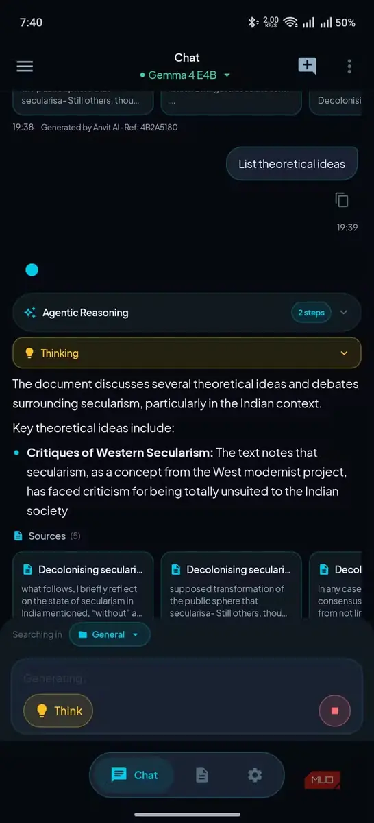 نمایش نتایج RAG در برنامه Anvit