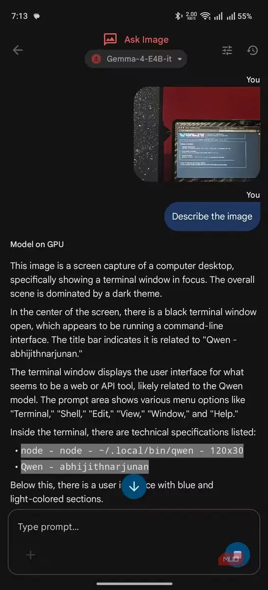 پاسخ Edge Gallery به یک درخواست تصویری