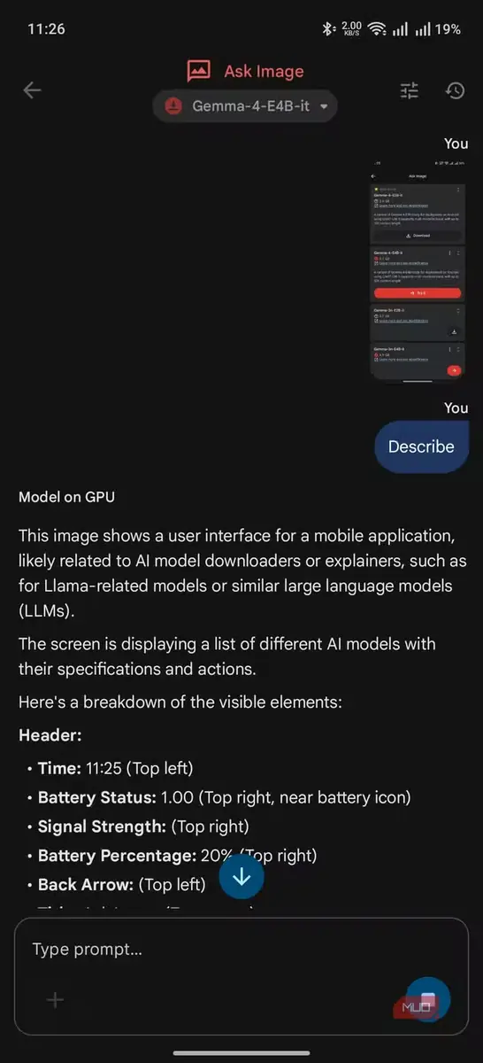 شرح ورودی در بخش پرسش از تصویر Edge Gallery