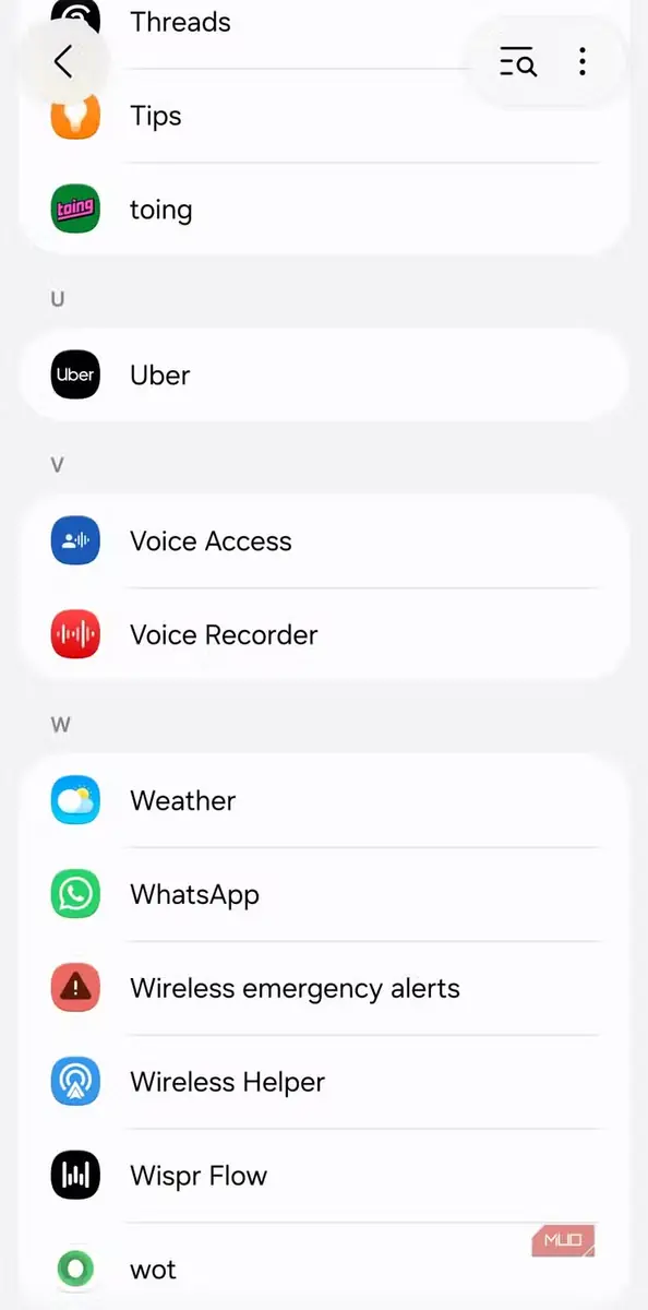منوی برنامهها در اندروید