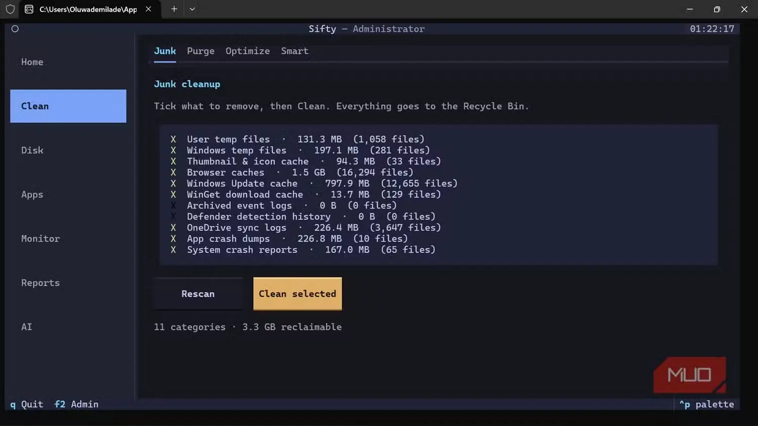 نمای ابزار پاکسازی فایلهای زائد در برنامهٔ Sifty