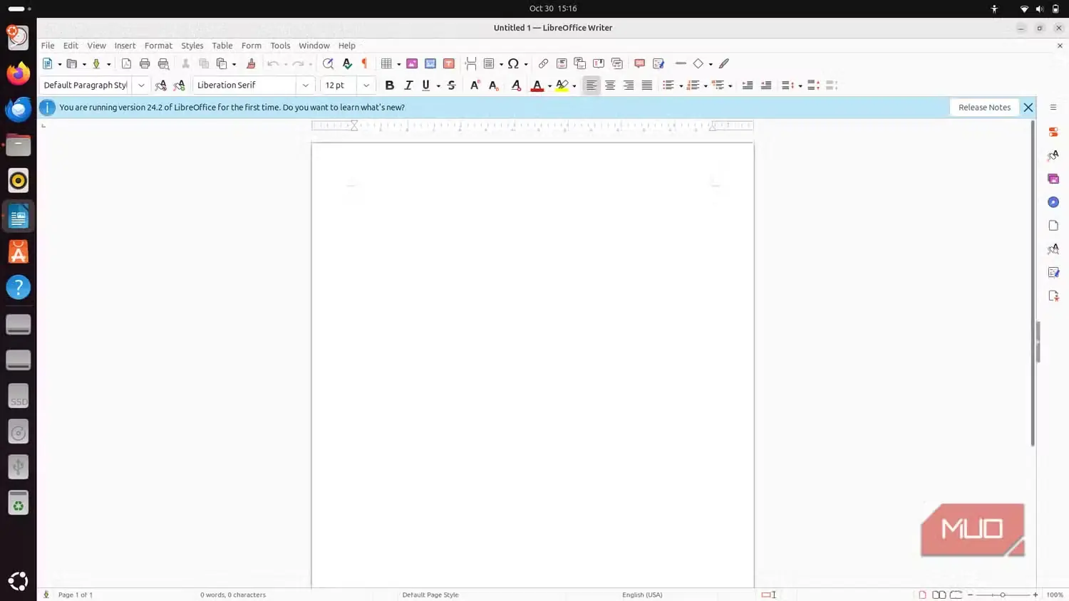 پنجرهٔ LibreOffice Write در میزکار Ubunth