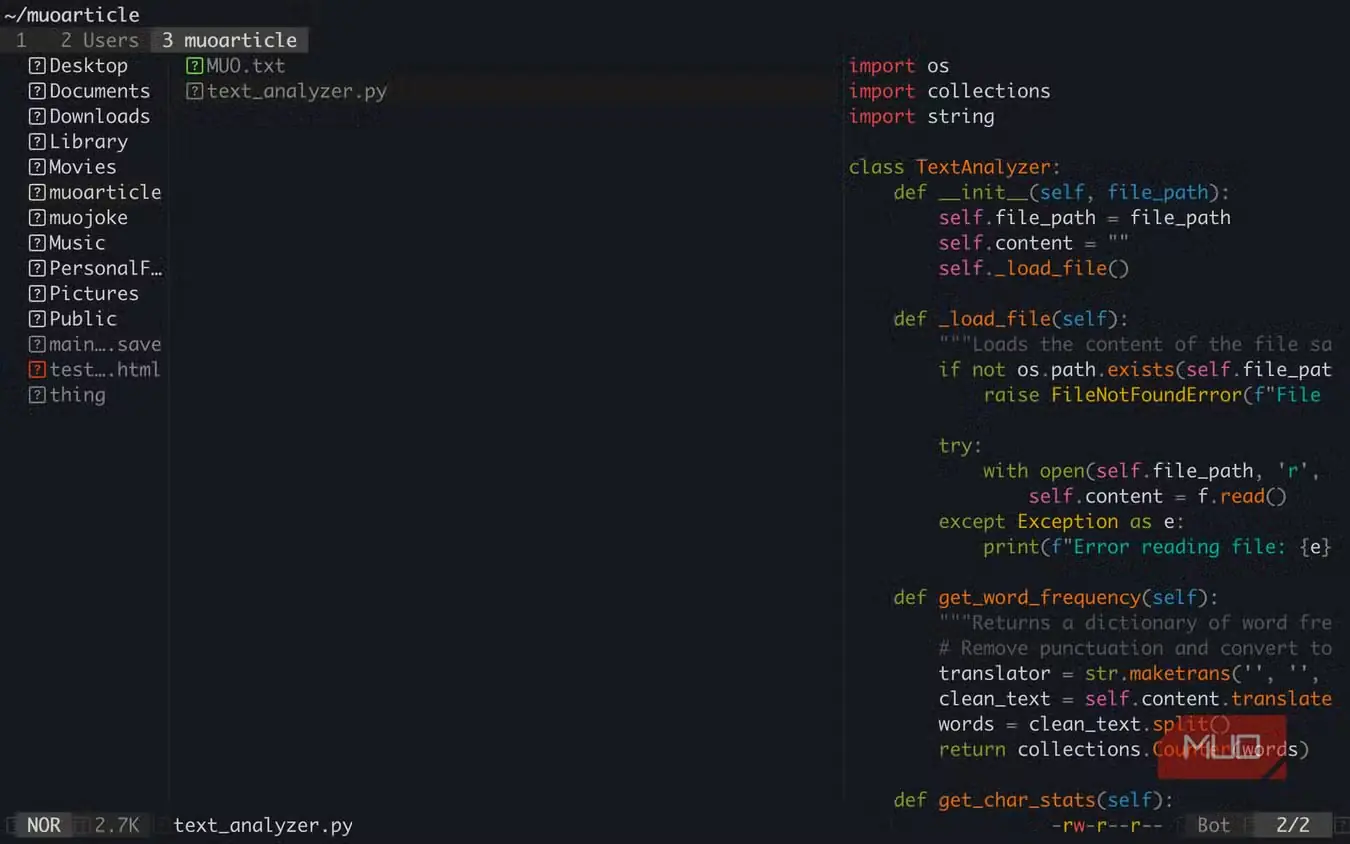 نمای Yazi در پنجرهٔ پایانه با یک فایل Python انتخابشده