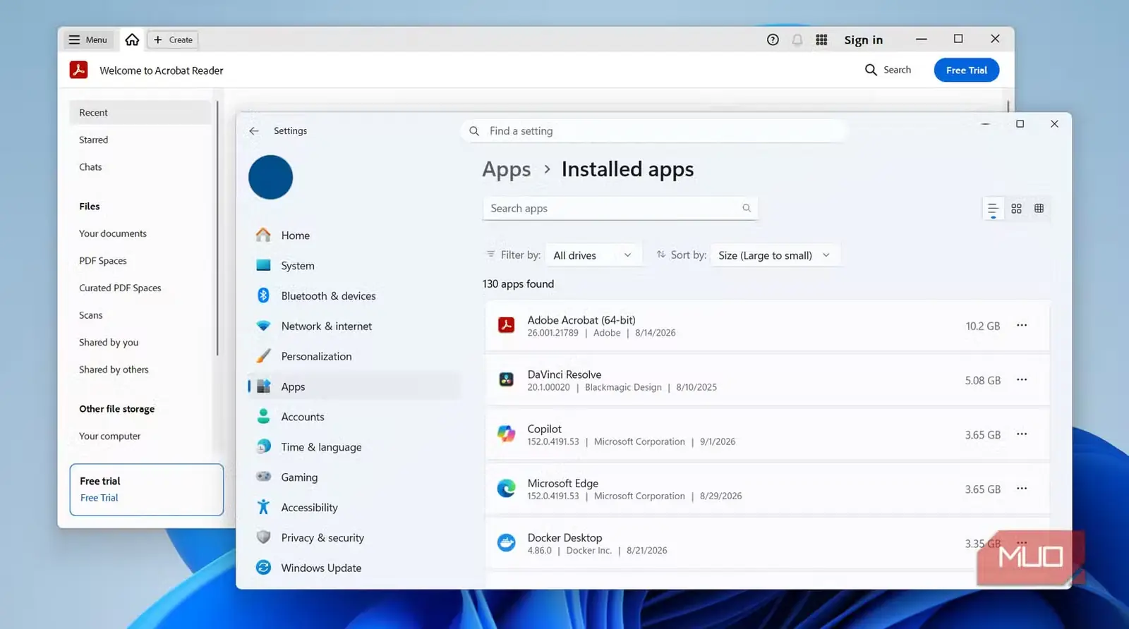 اطلاعات فضای ذخیرهسازی Adobe Acrobat در Windows
