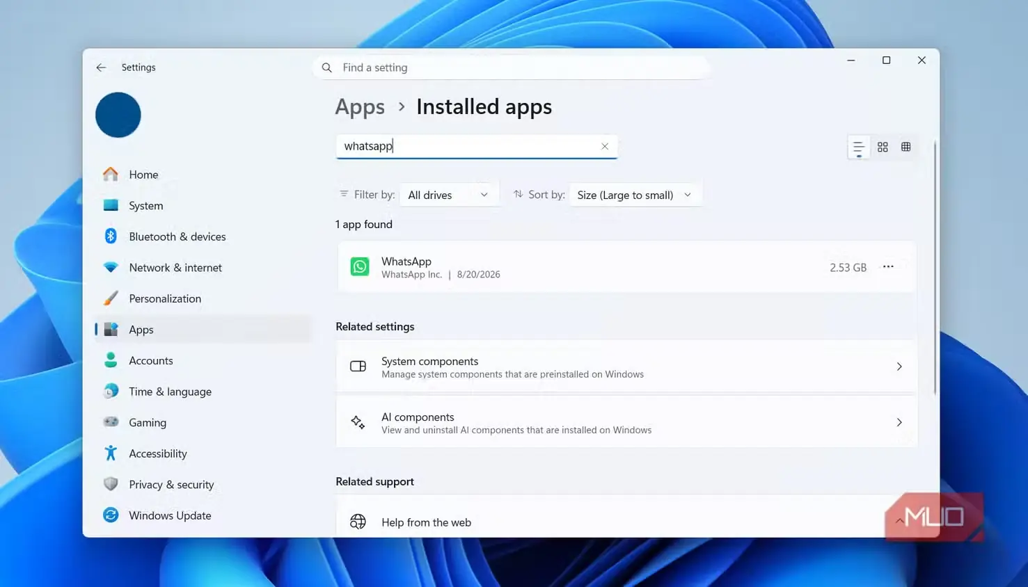 اطلاعات فضای ذخیرهسازی WhatsApp در Windows