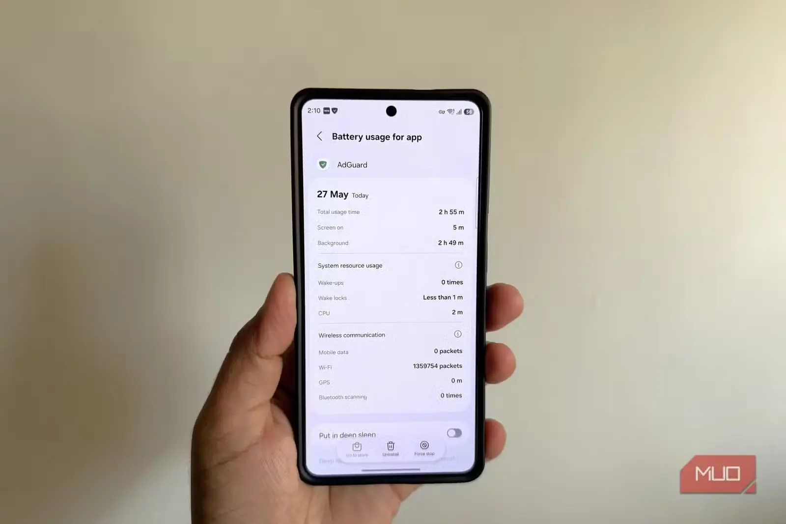 منوی مصرف باتری AdGuard در گوشی Android