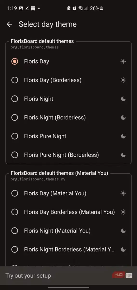منوی تنظیمات برنامه FlorisBoard برای انتخاب پوسته روز