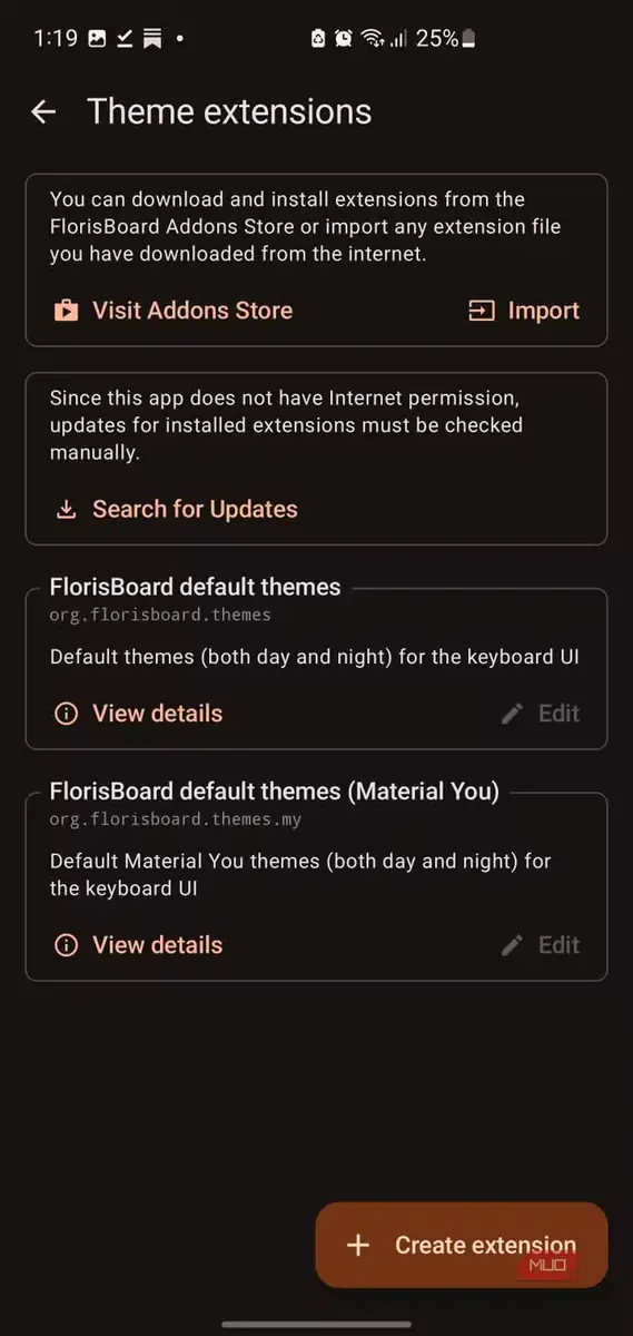 منوی تنظیمات FlorisBoard برای مدیریت و واردکردن افزونههای پوسته