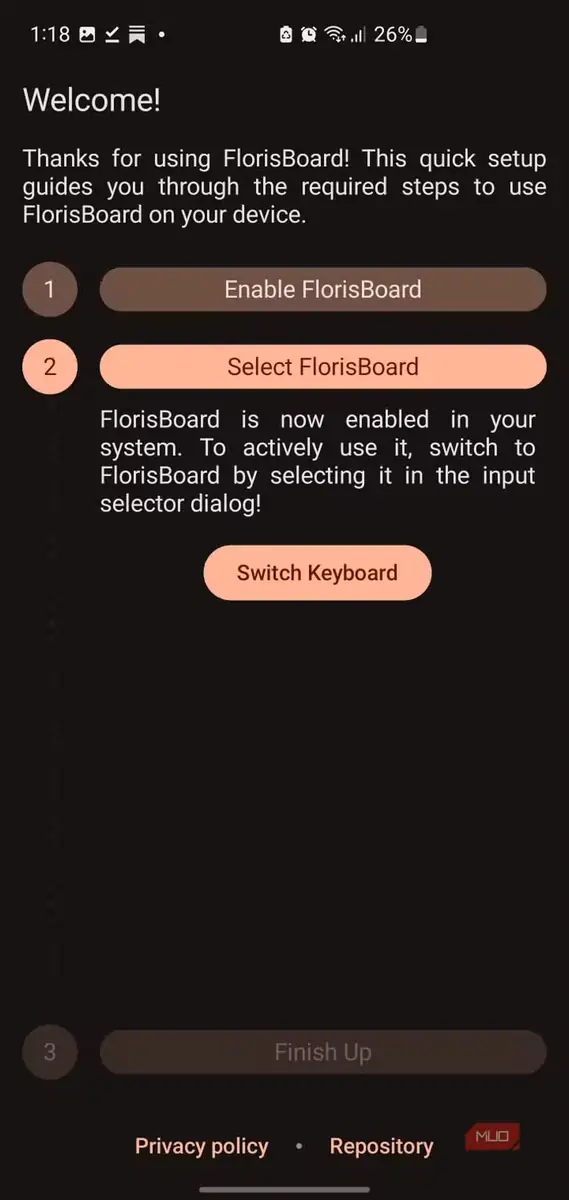 صفحه راهاندازی FlorisBoard با درخواست تعویض صفحهکلید
