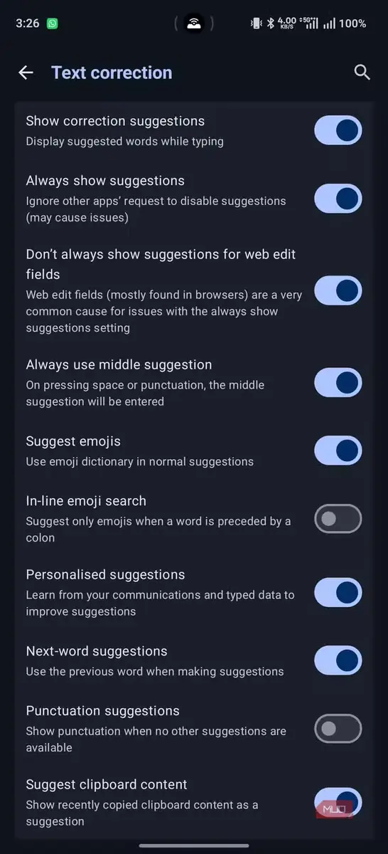 تنظیمات شخصیسازی اصلاحات در LeanType