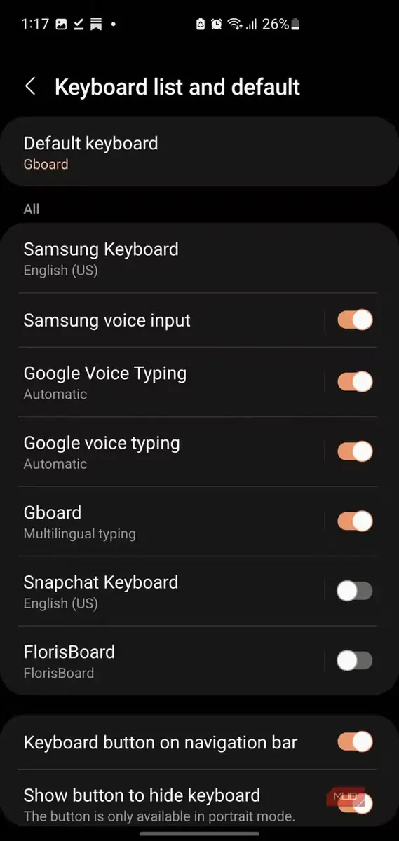 صفحه تنظیمات صفحهکلید Android با کلید فعالسازی FlorisBoard