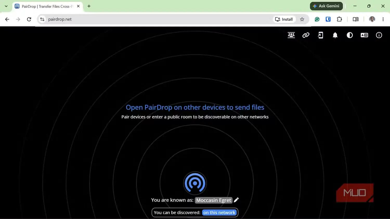 نمای کاربری اشتراکگذاری فایل PairDrop در مرورگر وب