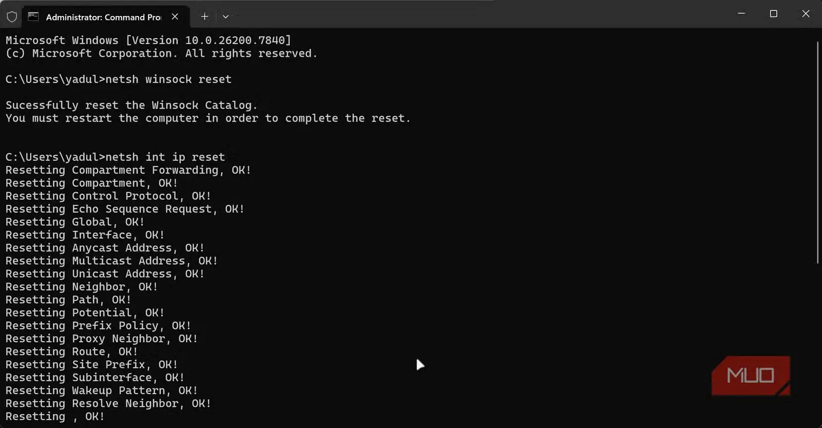 فرمانهای بازنشانی API شبکه در Windows