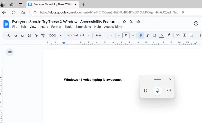 منوی تایپ صوتی Windows 11 در سند Google Docs