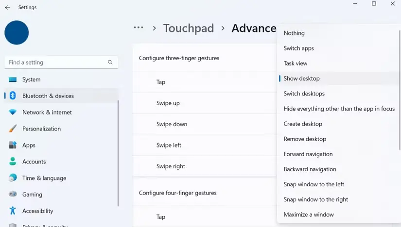 تنظیمات پیشرفته حرکتهای تاچپد در Windows 11