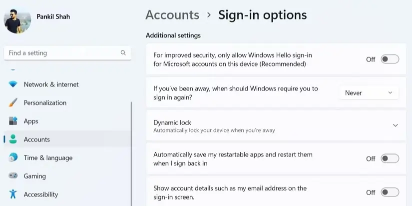 صفحه گزینههای ورود به حساب در Windows 11