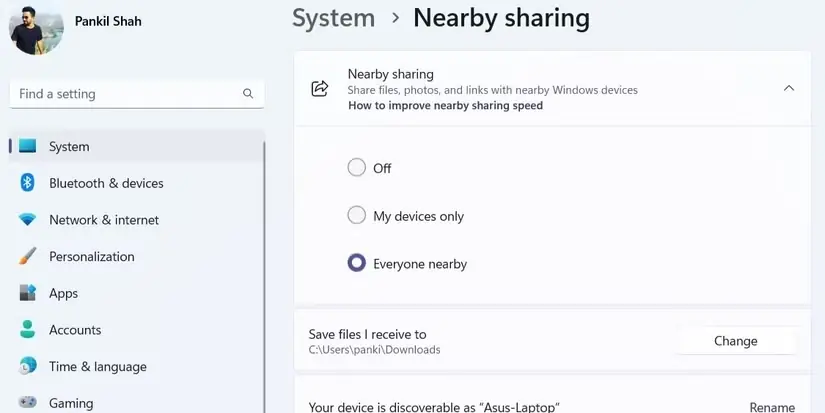 فعالسازی قابلیت اشتراکگذاری نزدیک در Windows 11
