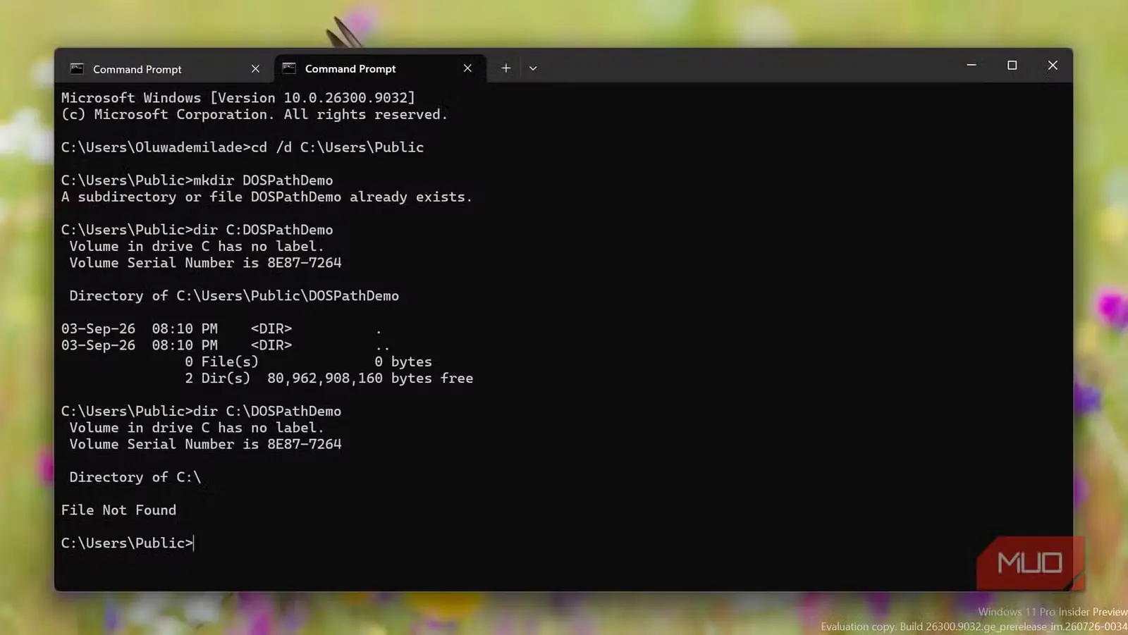 اجرای فرمانهای پوشه در خط فرمان Windows