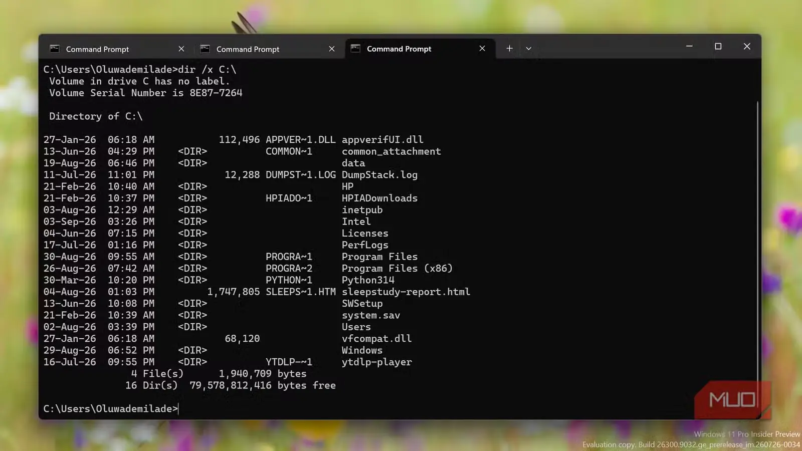 پنجره خط فرمان Windows در حال نمایش محتوای پوشه