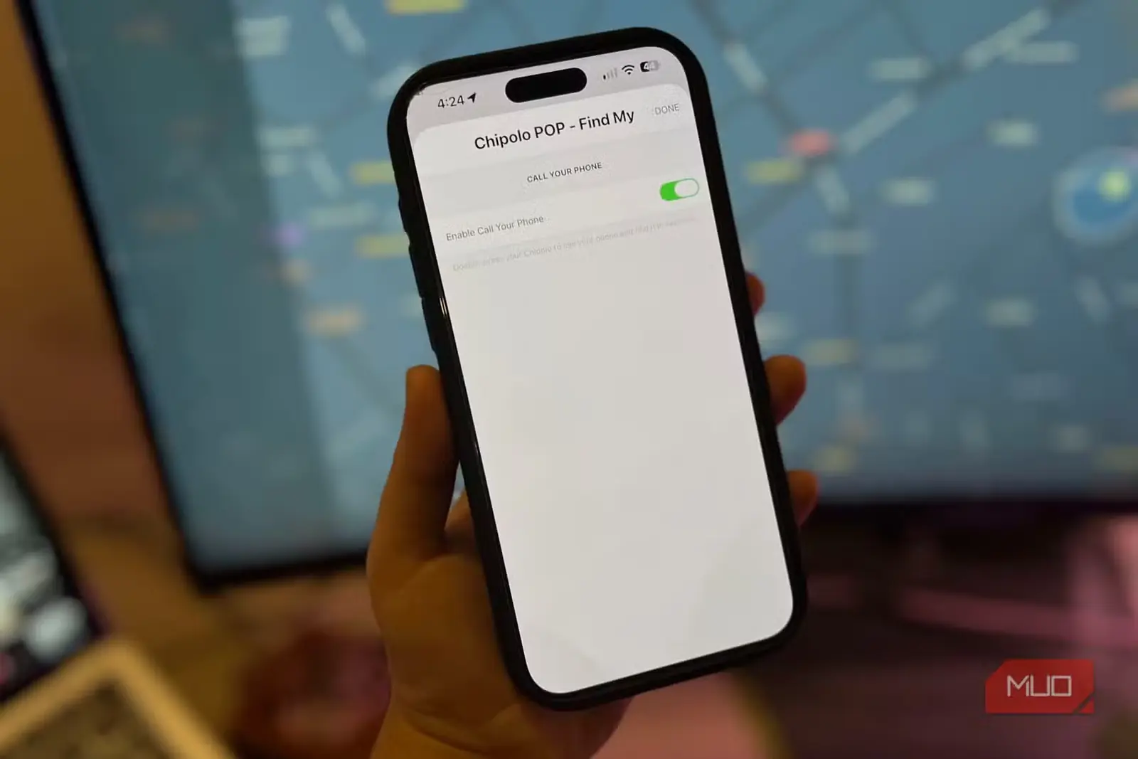 نمایش تنظیمات Chipolo POP روی iPhone با گزینهٔ روشن تماس با گوشی
