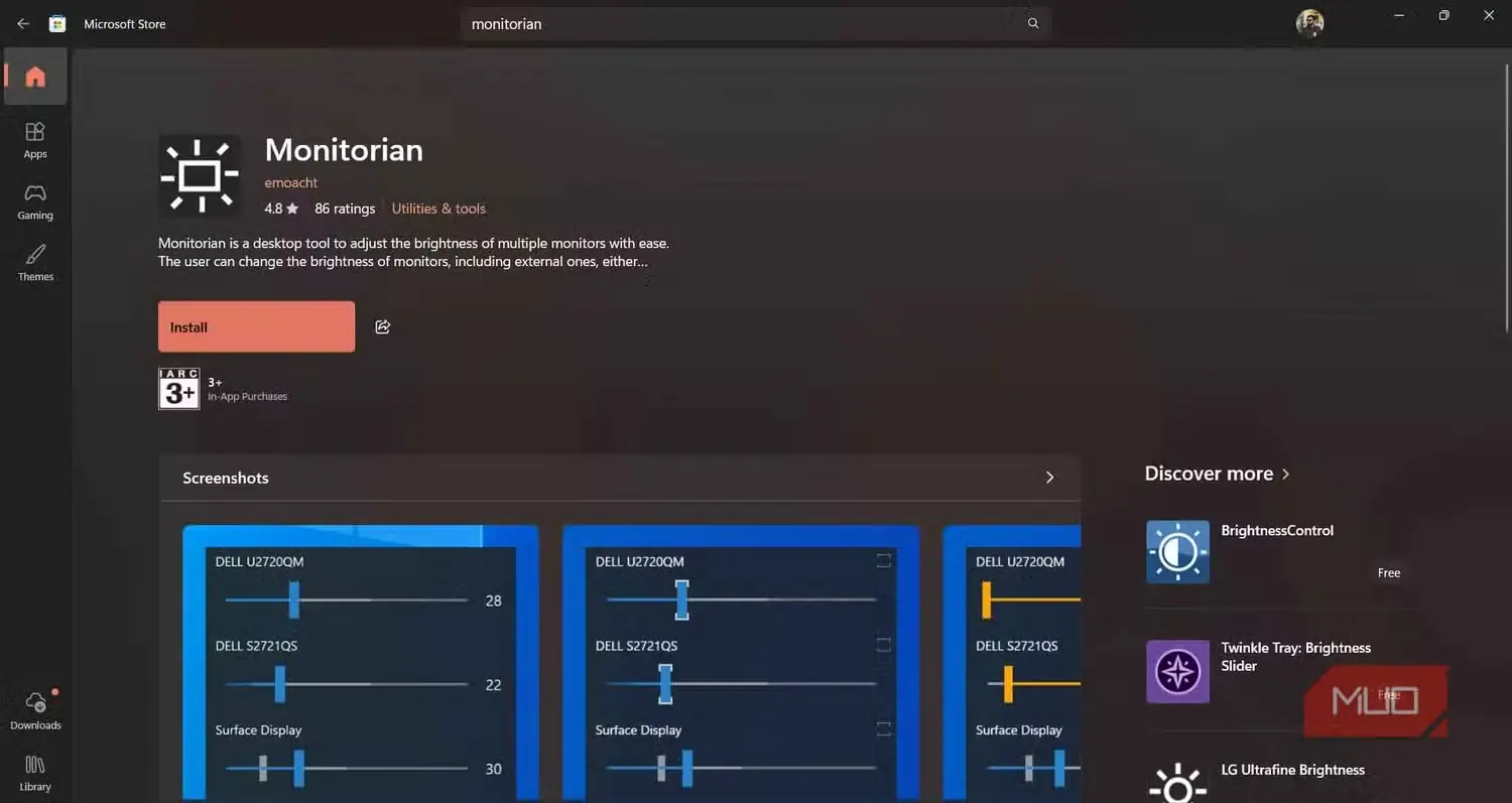دکمهٔ نصب Monitorian در Microsoft Store