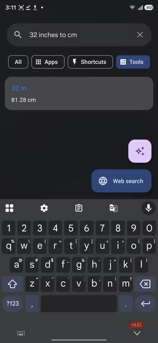نمایش تبدیل اینچ به سانتیمتر در Default Launcher
