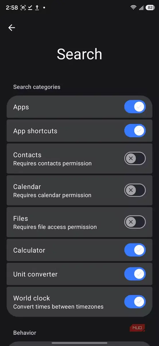 صفحه تنظیمات دستهبندیهای جستوجو در Default Launcher