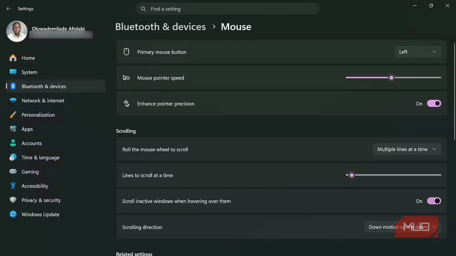 صفحه پیکربندی ماوس در تنظیمات Windows 11